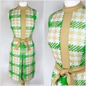 Vintage 60s / 70s Green Brown Houndstooth‎ Dress Sleeveless // Size Small